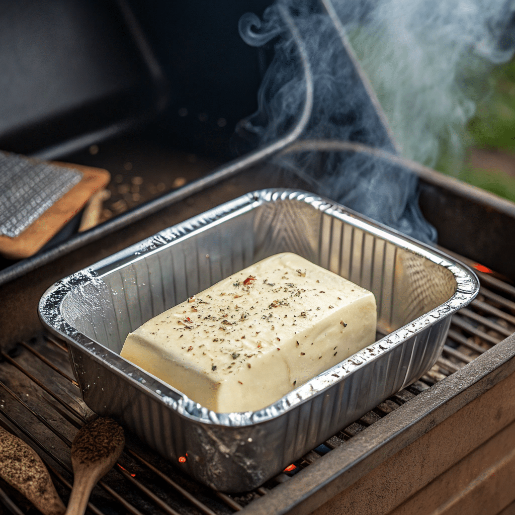 The Best Smoked Cream Cheese Recipe for Parties 8 smoked cream cheese recipe block smoking on a foil tray