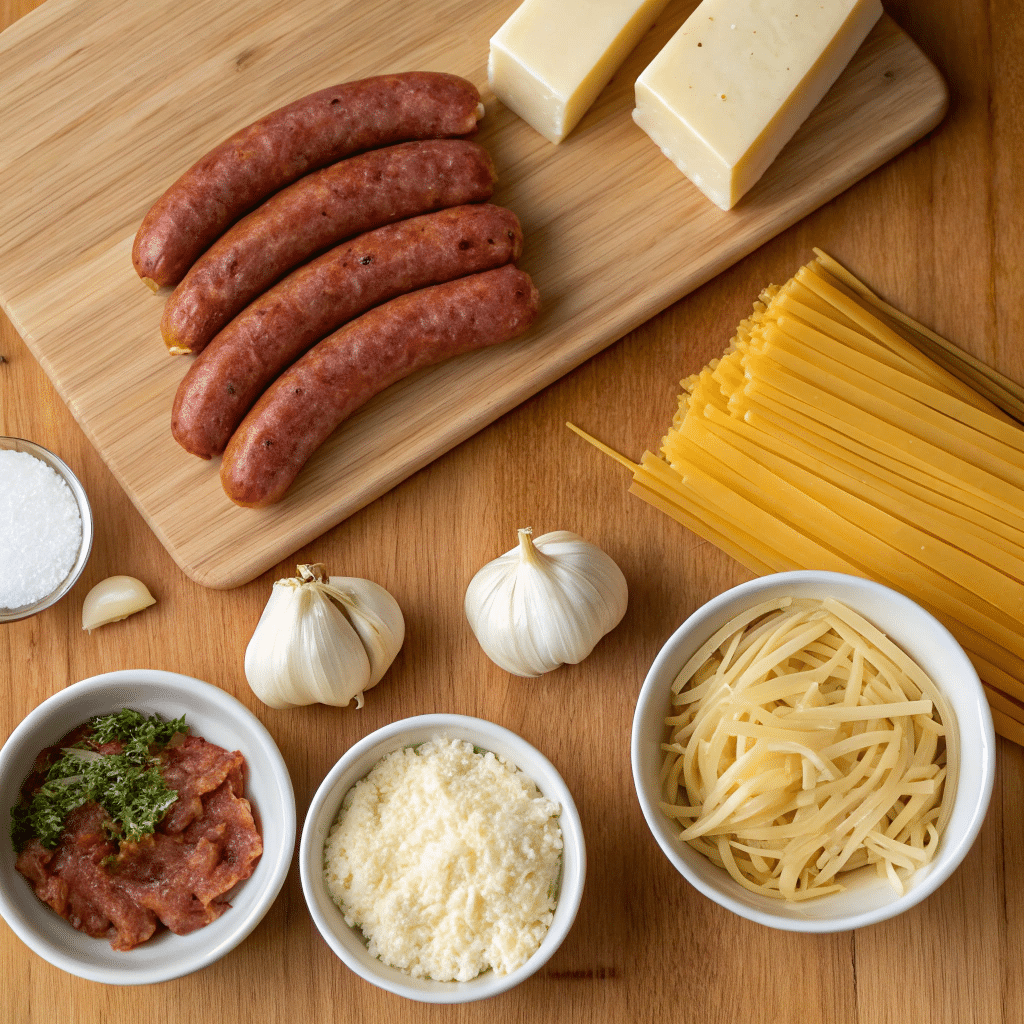 How To Make Creamy Smoked Sausage Pasta 7 Ingredients for creamy smoked sausage pasta on wood surface