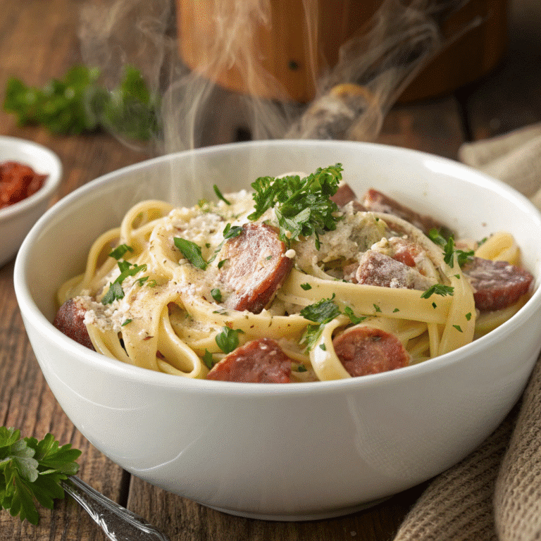 How To Make Creamy Smoked Sausage Pasta 6 creamy smoked sausage pasta in a white ceramic bowl