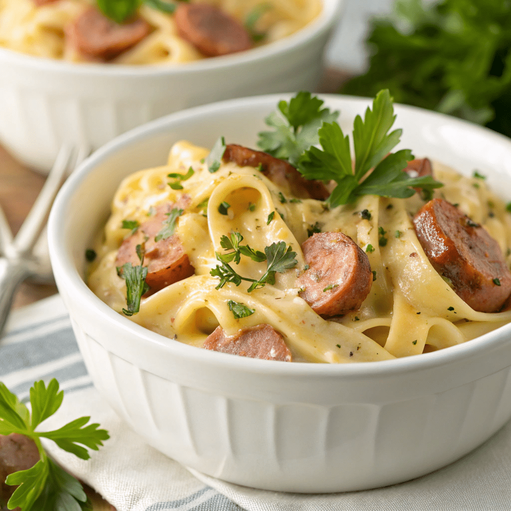 How To Make Creamy Smoked Sausage Pasta 5 Creamy smoked sausage pasta served fresh with parmesan