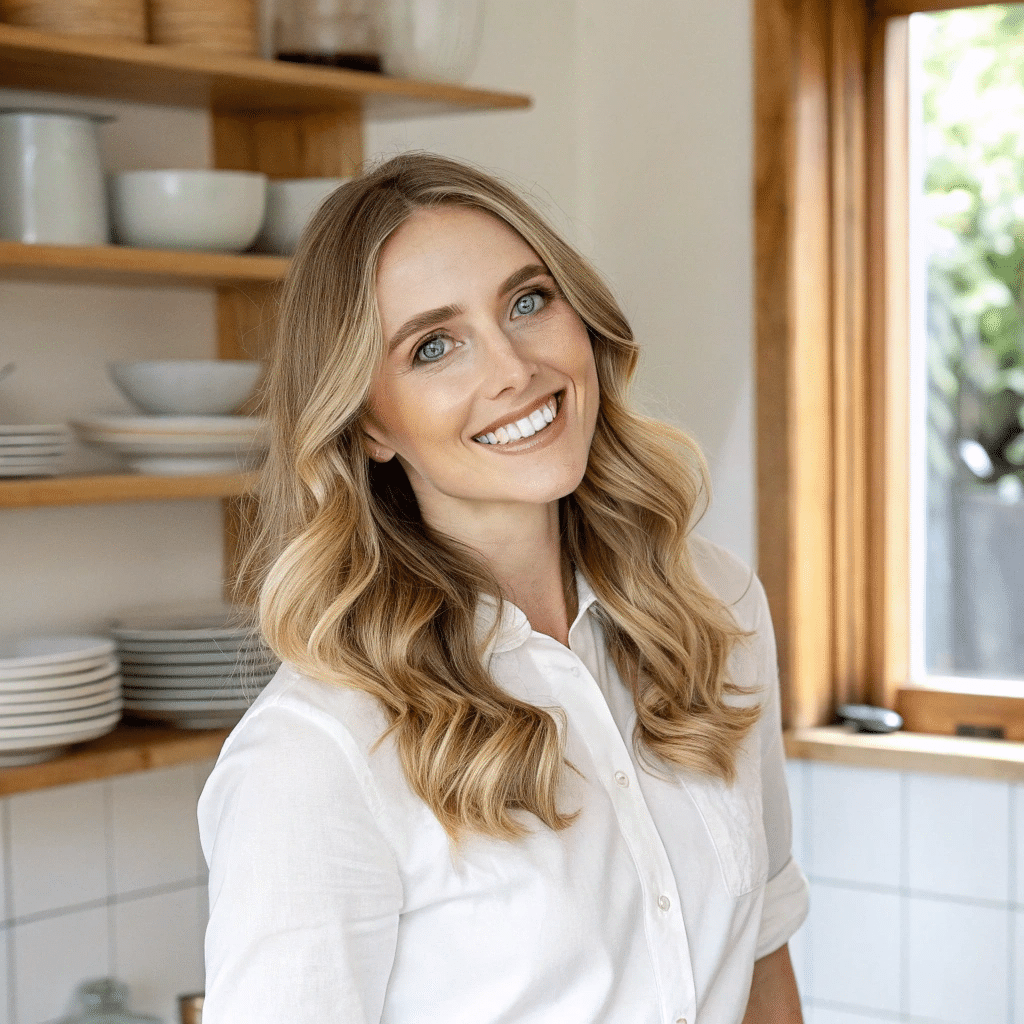About Me 1 Woman smiling in a cozy kitchen wearing an apron, with flour on her cheek