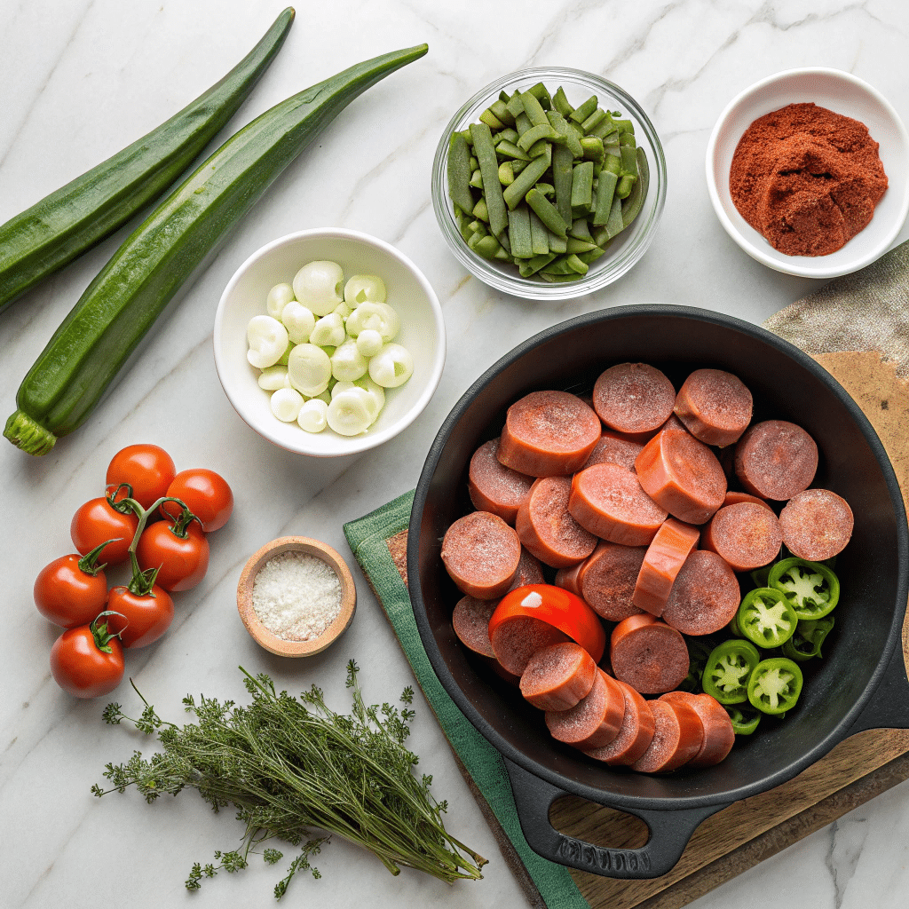Smoked Sausage ,Tomatoes and Okra Skillet – So Easy, So Good 7 Ingredients for smoked sausage, tomatoes and okra skillet recipe