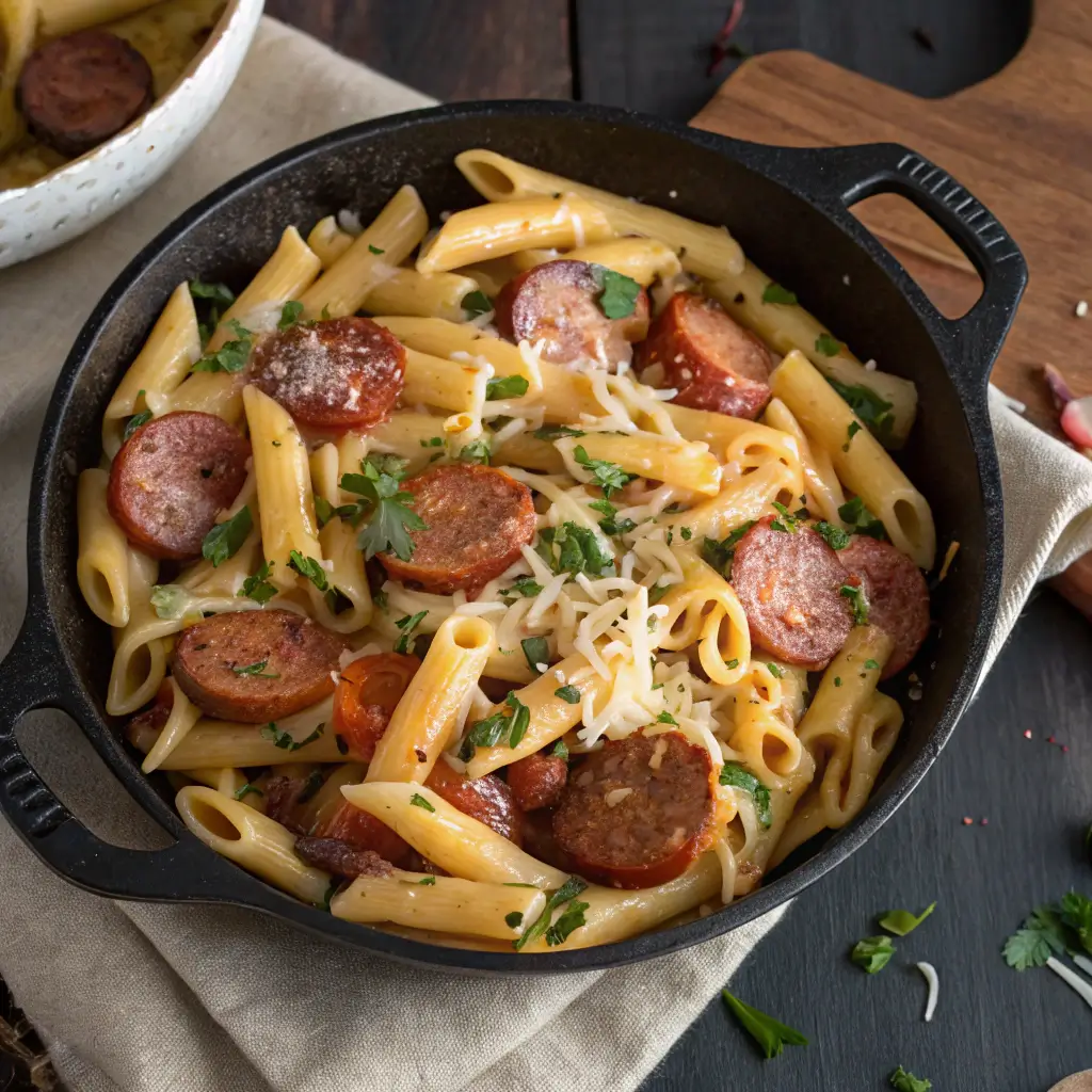Smoked Sausage and Pasta Recipes Made Easy 7 One-pan smoked sausage and pasta recipe in skillet