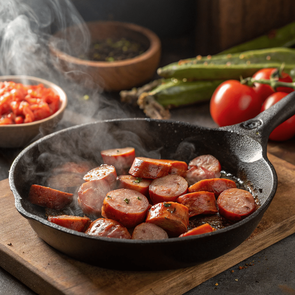 Smoked Sausage ,Tomatoes and Okra Skillet – So Easy, So Good 8 Searing smoked sausage in a skillet for tomato and okra dish