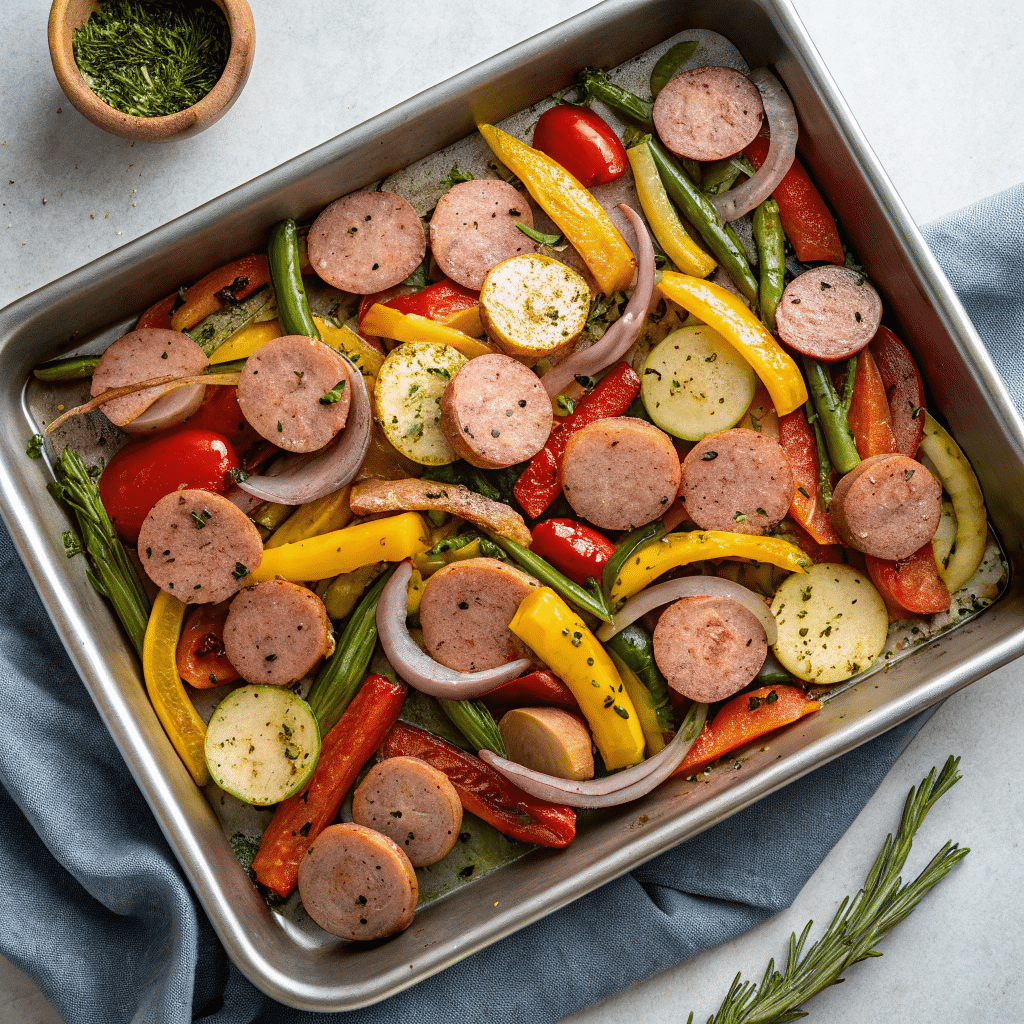 Smoked Sausage And Roasted Vegetables – The Best One-Pan Dinner Idea 8 Sheet pan of smoked sausage and seasoned vegetables