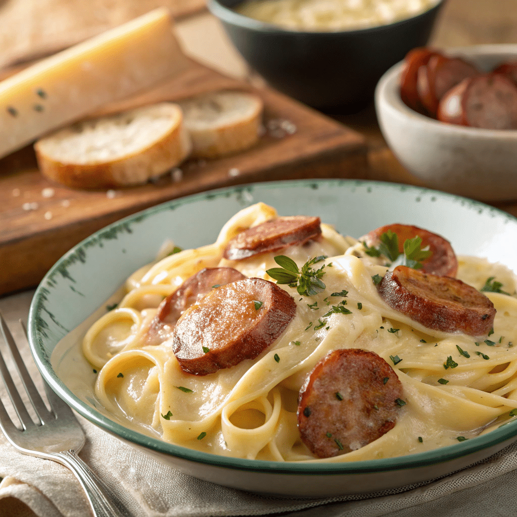 Smoked Sausage Alfredo Pasta - How To Make Esay 5 Smoked Sausage Alfredo Pasta in a creamy cheese sauce