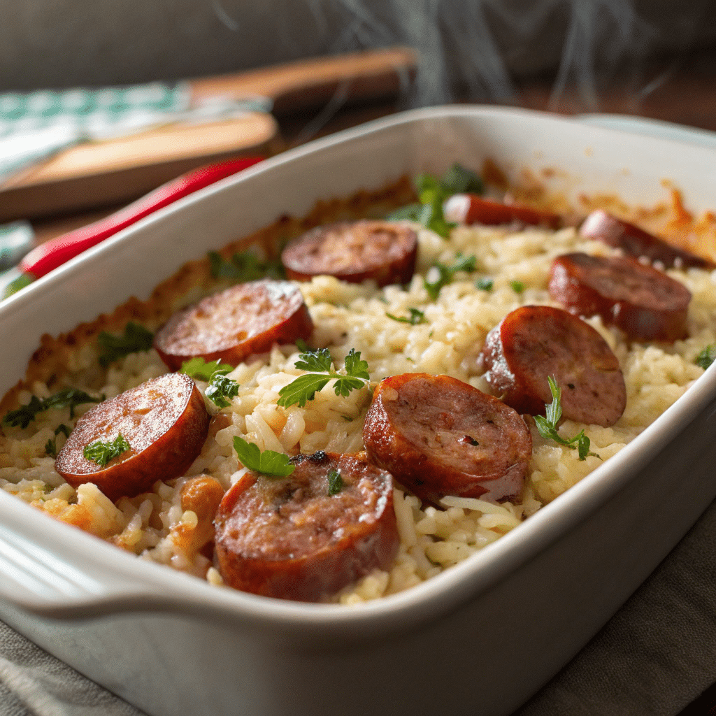 Smoked Sausage And Rice Casserole: The Best Easy One-Pan Dinner 5 smoked sausage and rice casserole fresh from the oven