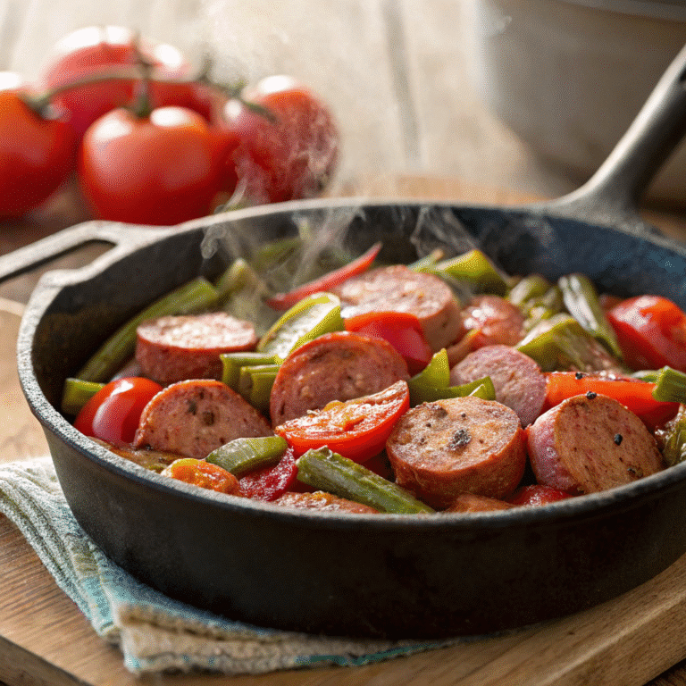 Smoked Sausage ,Tomatoes and Okra Skillet – So Easy, So Good 6 Smoked sausage, tomatoes and okra skillet cooked in cast iron