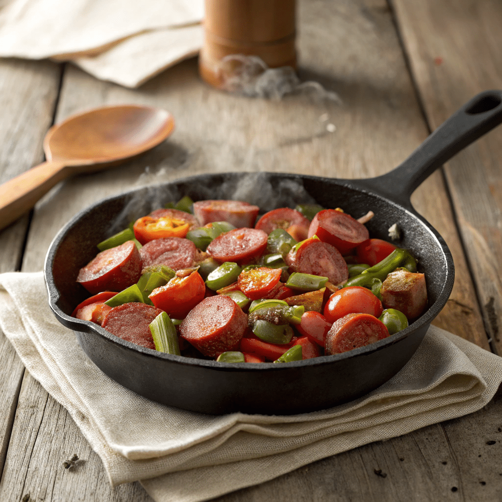 Smoked Sausage ,Tomatoes and Okra Skillet – So Easy, So Good 5 Smoked sausage, tomatoes and okra skillet served in cast iron