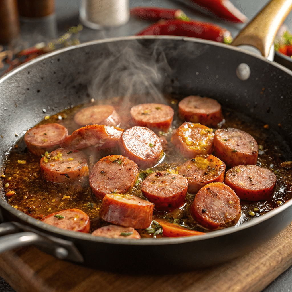 Cajun Smoked Sausage Pasta How to Make (Step-by-Step Recipe) 8 Cajun sausage browning in skillet for pasta recipe