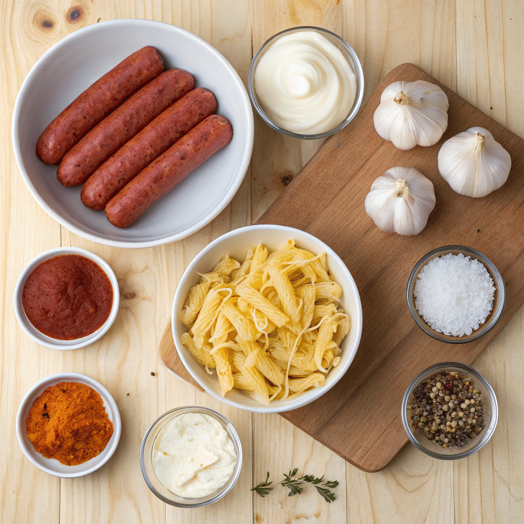 Cajun Smoked Sausage Pasta How to Make (Step-by-Step Recipe) 7 Ingredients for Cajun smoked sausage pasta laid out on kitchen counter