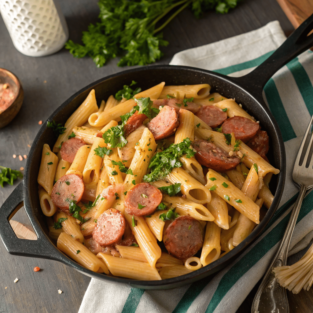Cajun Smoked Sausage Pasta How to Make (Step-by-Step Recipe) 5 Creamy Cajun smoked sausage pasta served hot in a skillet