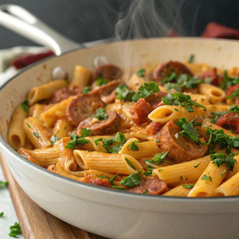 Cajun Smoked Sausage Pasta How to Make (Step-by-Step Recipe) 6 Creamy Cajun smoked sausage pasta served in a black skillet with parsley on top