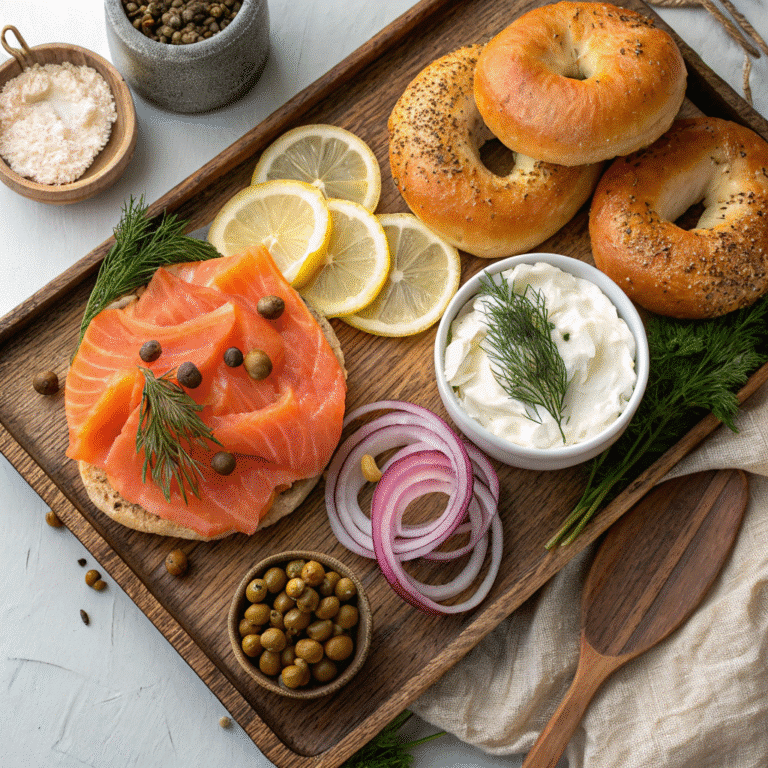 Cold Smoked Salmon: Everything You Need - How To Make 6 Cold smoked salmon brunch board with bagels, cream cheese, lemon, dill, and onions