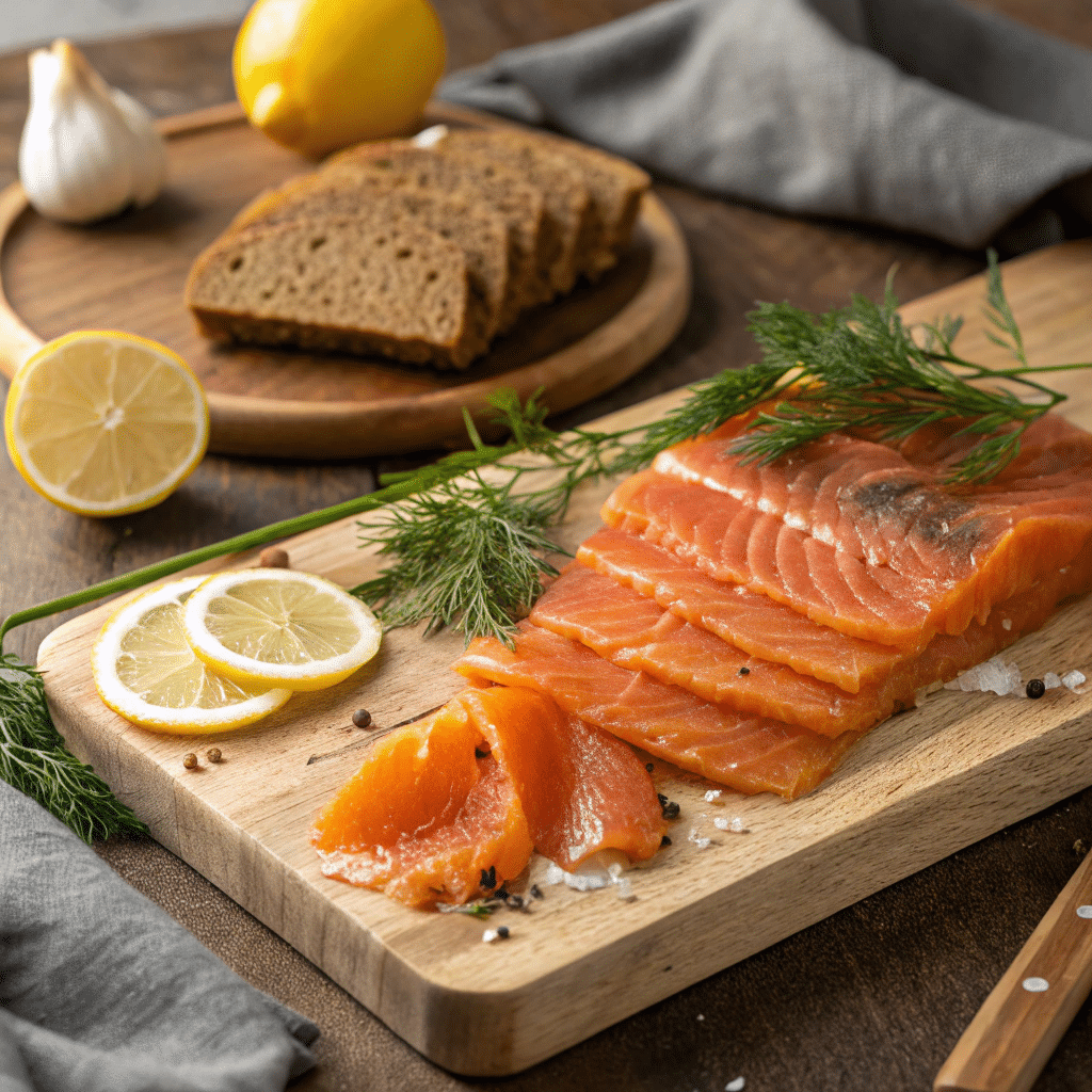 Cold Smoked Salmon: Everything You Need - How To Make 5 Cold smoked salmon slices on rustic board with lemon and dill