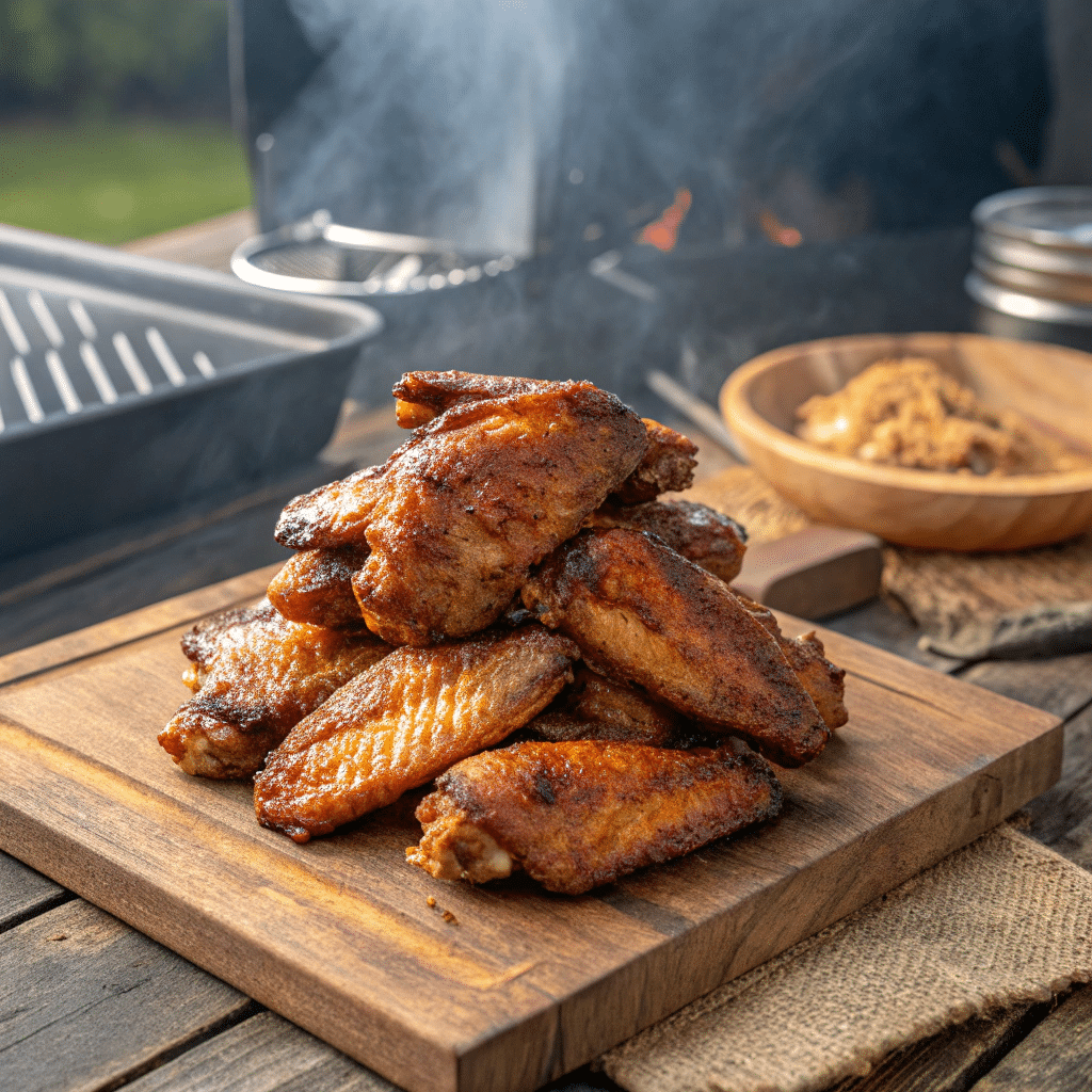 How To Make Crispy Smoked Chicken Wings :Easy 5 crispy smoked chicken wings on wooden board