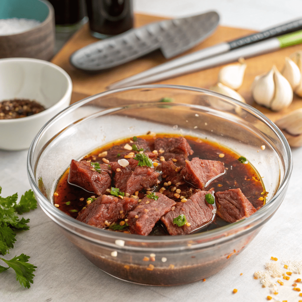 How to Make Smoked Beef Jerky 8 Sliced beef marinating in spices for smoked jerky