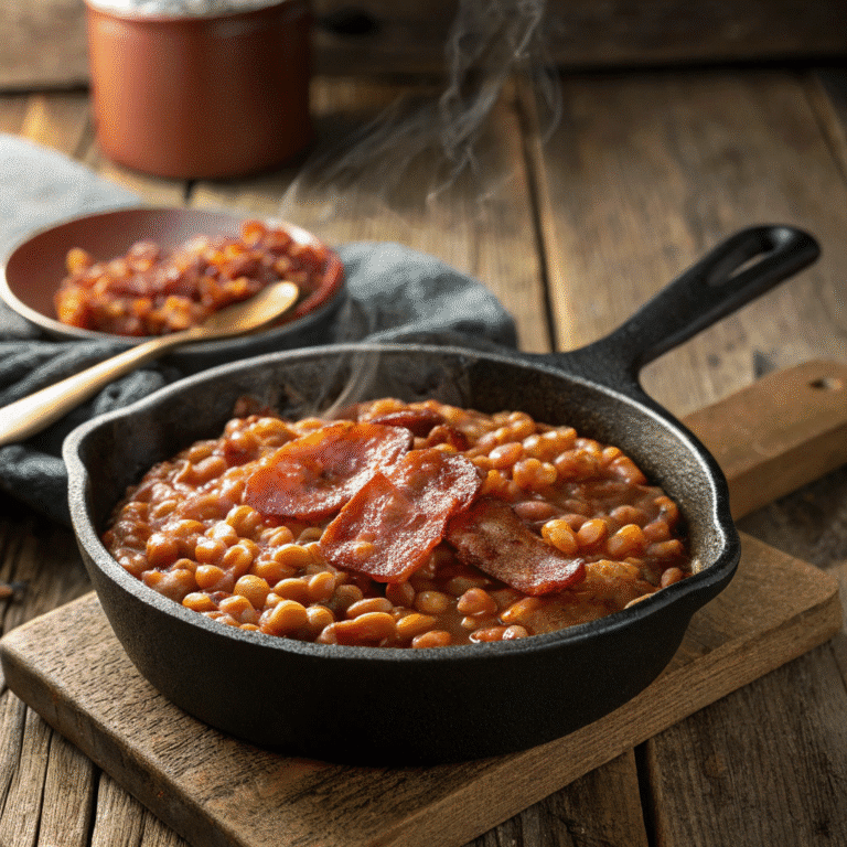 Easy Smoked Baked Beans – The Best Cookouts & BBQs 6 Smoked baked beans in cast iron skillet with bacon and smoky BBQ sauce