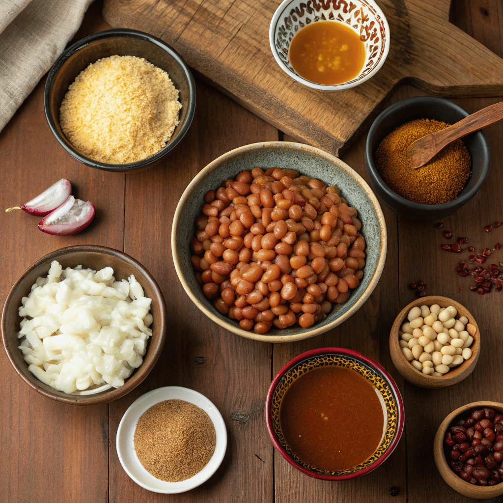 Easy Smoked Baked Beans – The Best Cookouts & BBQs 7 Ingredients for smoked baked beans on wooden table