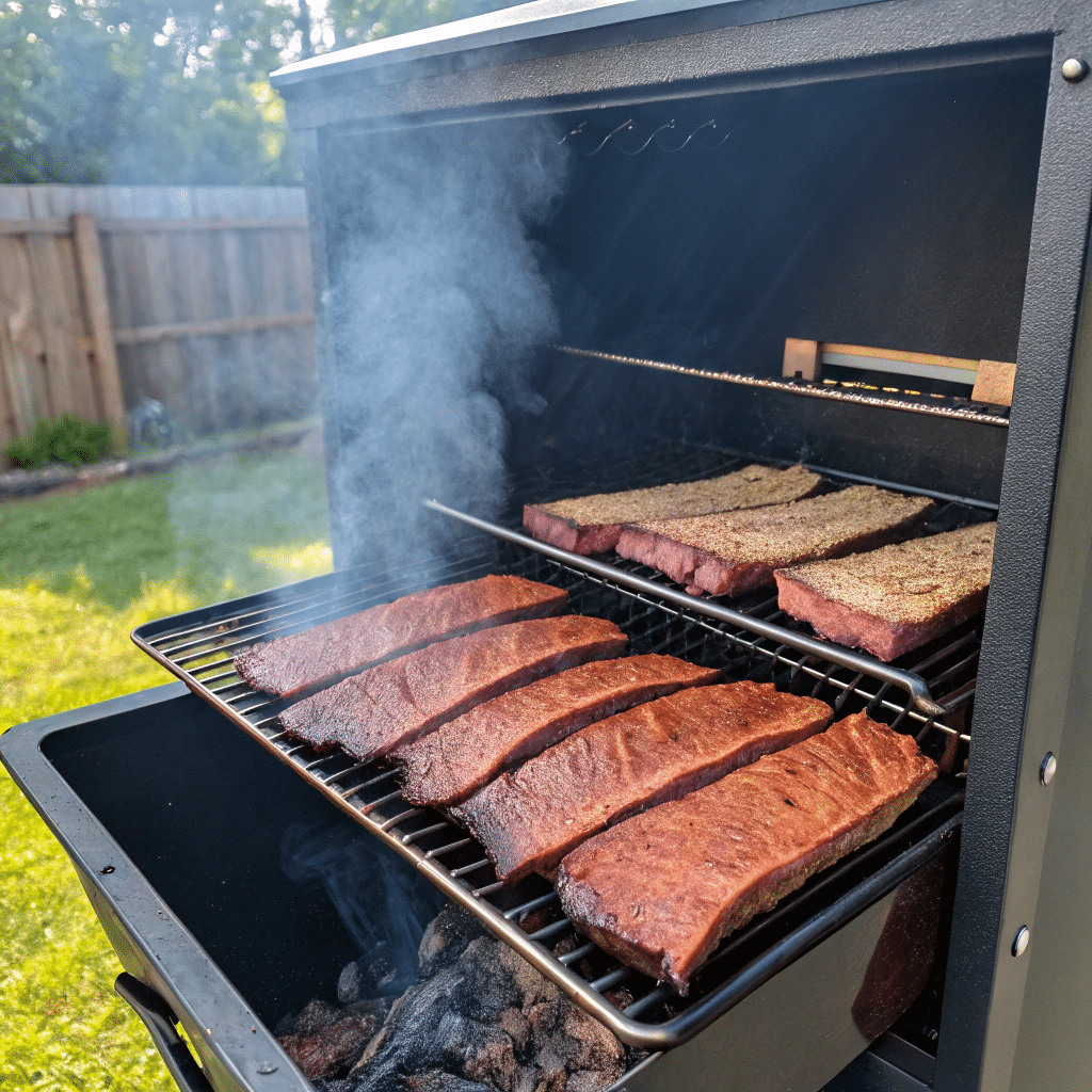 How to Make Smoked Beef Jerky 7 Beef jerky hanging in a smokehouse with hickory wood