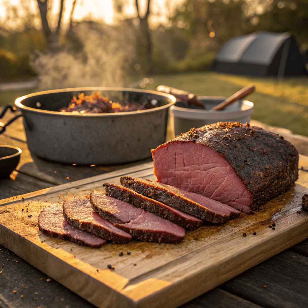 How to Make Perfect Smoked Corned Beef Every Time 5 Smoked corned beef brisket on cutting board with smoke rising
