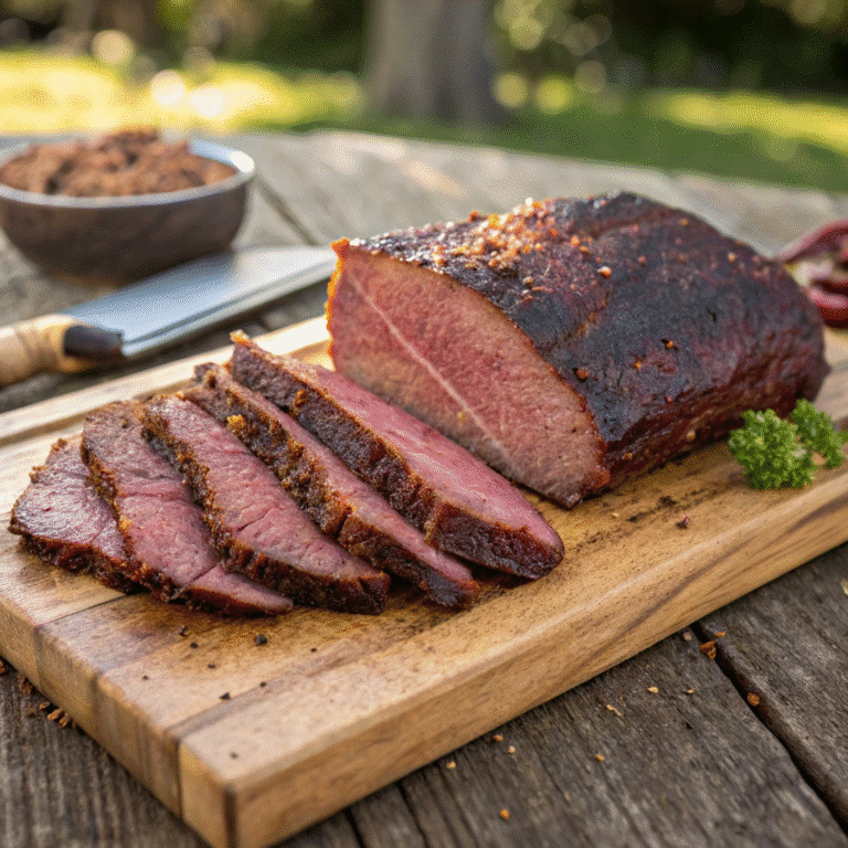 How to Make Perfect Smoked Corned Beef Every Time 6 Sliced smoked corned beef brisket with bark and smoke ring on a wooden board
