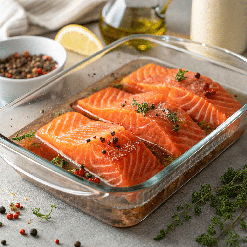How to Make Smoked Salmon Brine at Home (Easy & Flavorful) 5 Fresh salmon fillets submerged in homemade smoked salmon brine