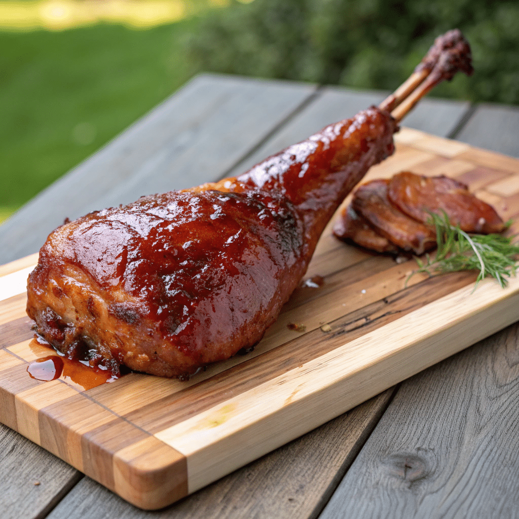 Smoked Turkey Leg Recipe: How To Make Juicy, Fall-Off-the-Bone Legs 5 Smoked turkey leg with BBQ glaze on wood board