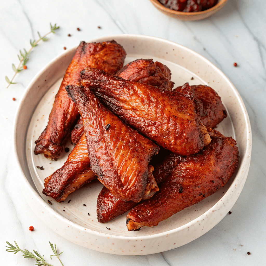 Smoked Turkey Wings Done Right: A Complete How-To For Beginners 5 crispy smoked turkey wings stacked on a white plate