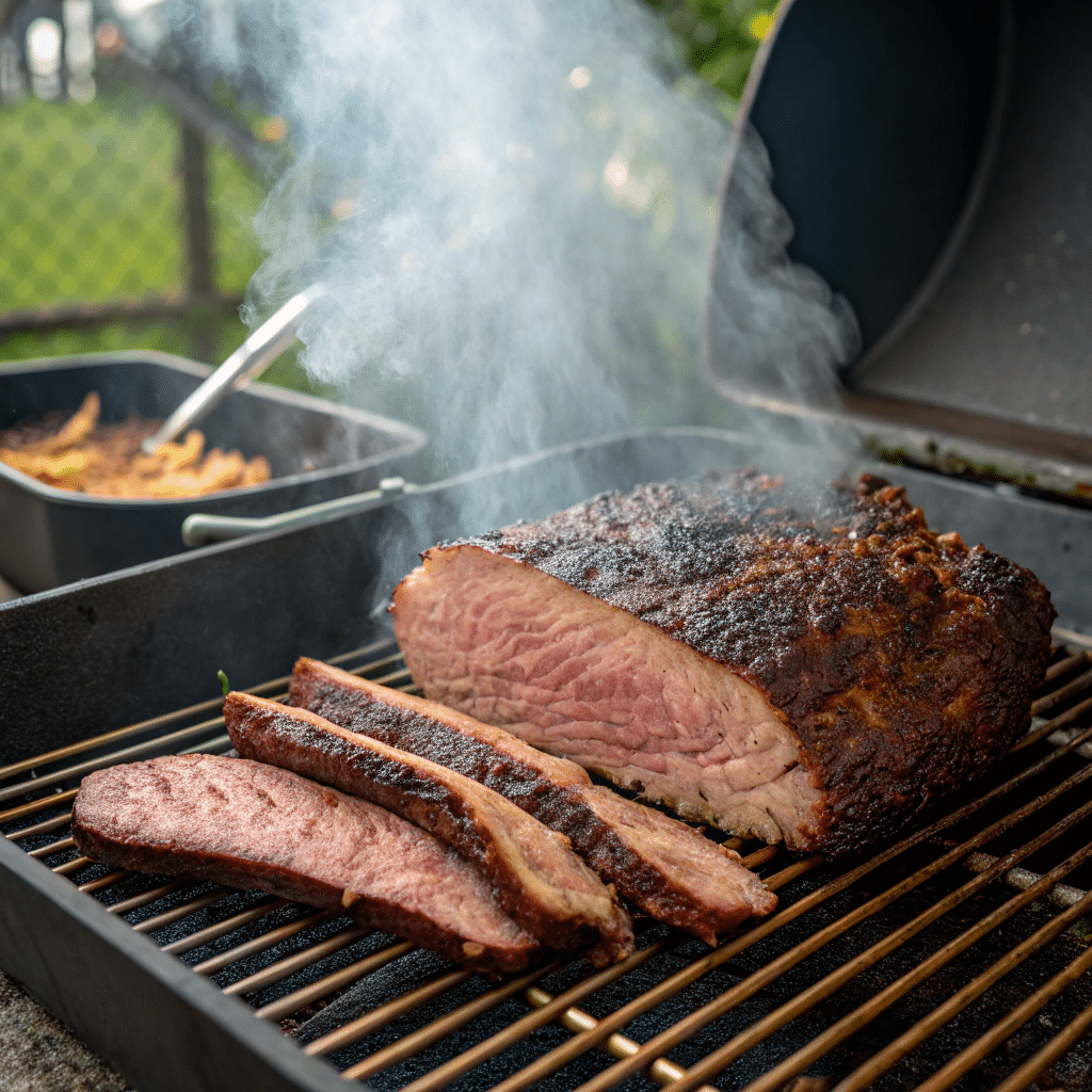 How to Make Perfect Smoked Corned Beef Every Time 8 Corned beef on smoker with thermometer