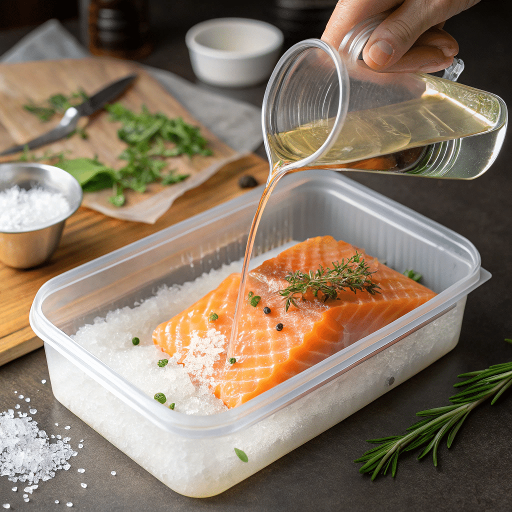 How to Make Smoked Salmon Brine at Home (Easy & Flavorful) 7 Pouring wet smoked salmon brine over fillets